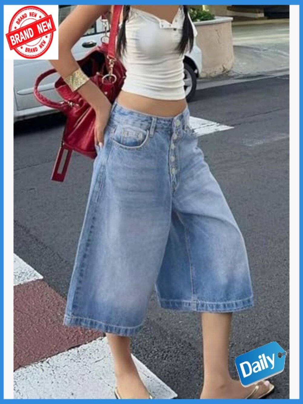 High-Rise Light Blue Denim Bermuda Shorts for Women - Picture 5 of 7